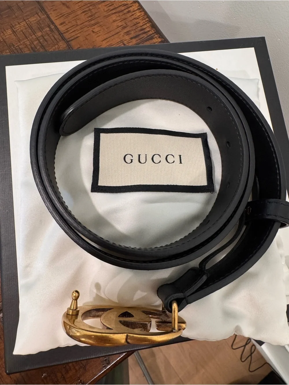 Gucci Black Leather Belt with Gold Double G Interlocking Buckle
